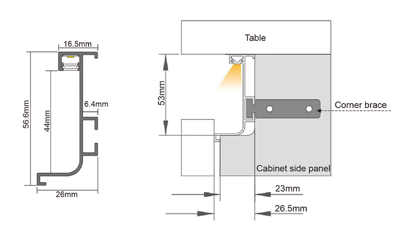 MH07B-L-shaped handle-free kitchen recessed light-Section installation